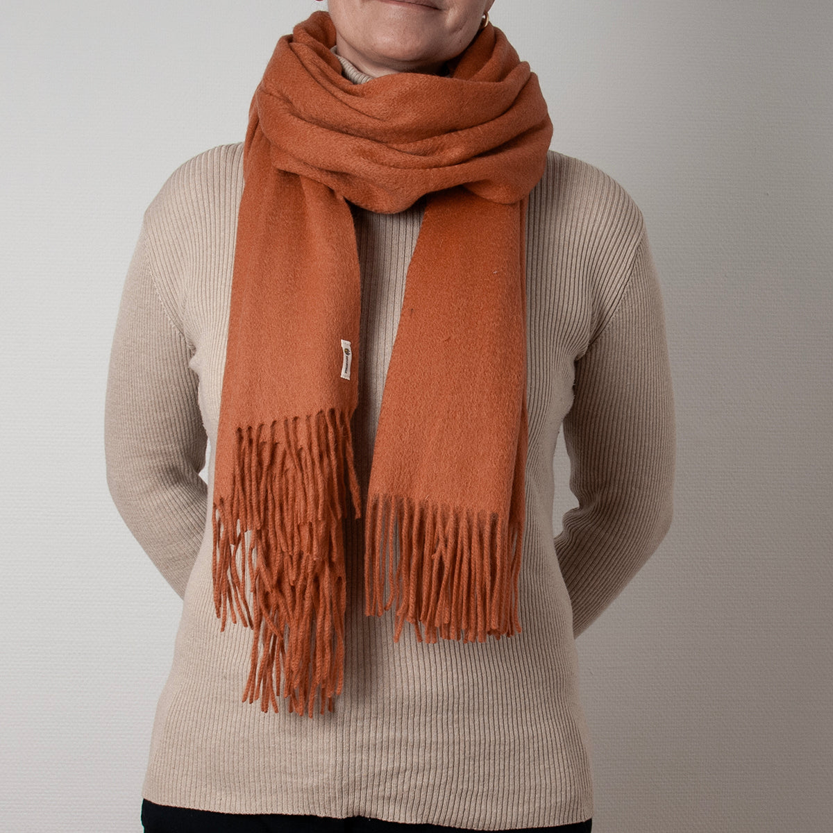 Scarf large soft woolen scarf with fringes - dark orange