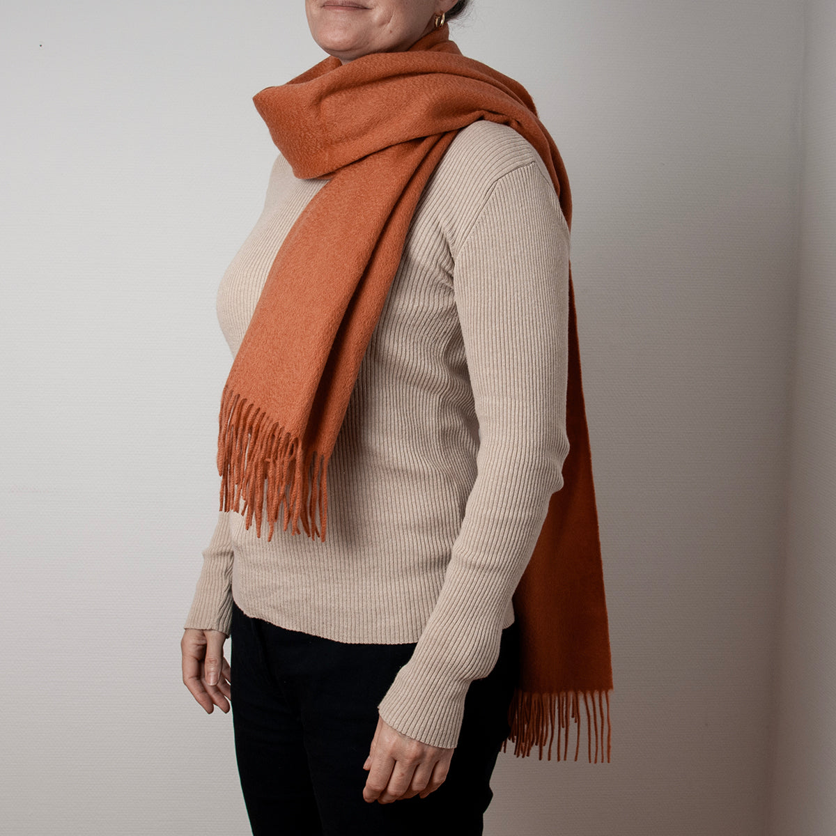 Scarf large soft woolen scarf with fringes - dark orange