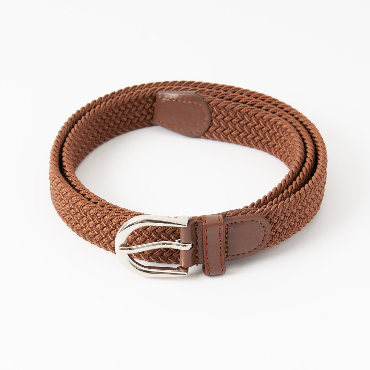 677315 Belte (6 stk) smalt flettet strikkbelte, sølv - cognac