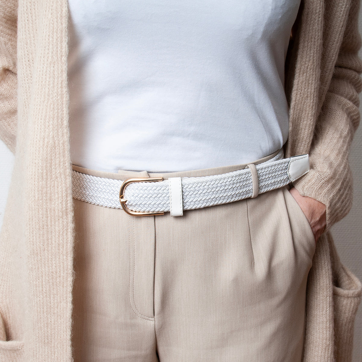 722002 Belte (6 stk) flettet strikkbelte, gull - hvit