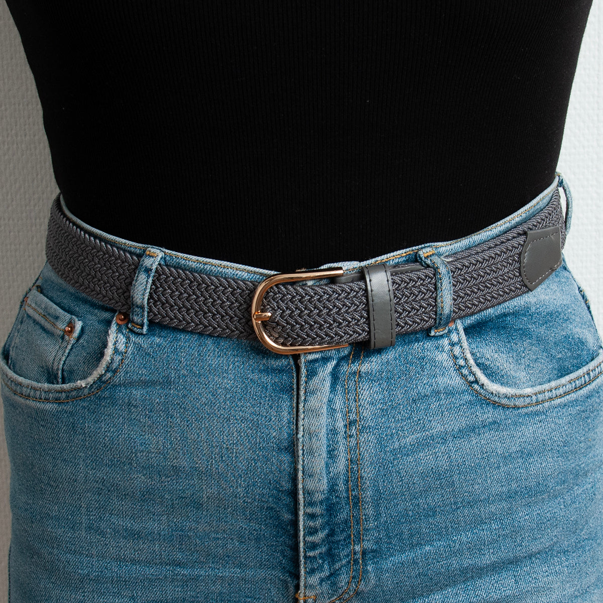 Belt (6 pcs) braided elastic gold buckle - grey