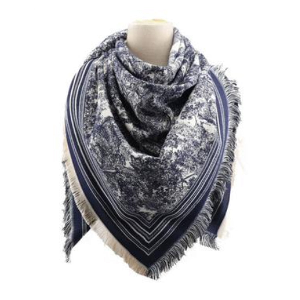 Scarf, Large square scarf with fringes Exclusive print - navy