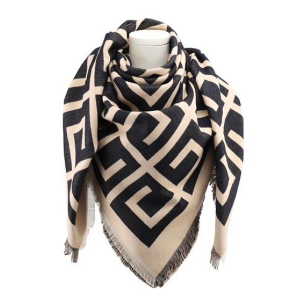 Scarf, Large square scarf with fringes Classic Ruteprint - black/beige