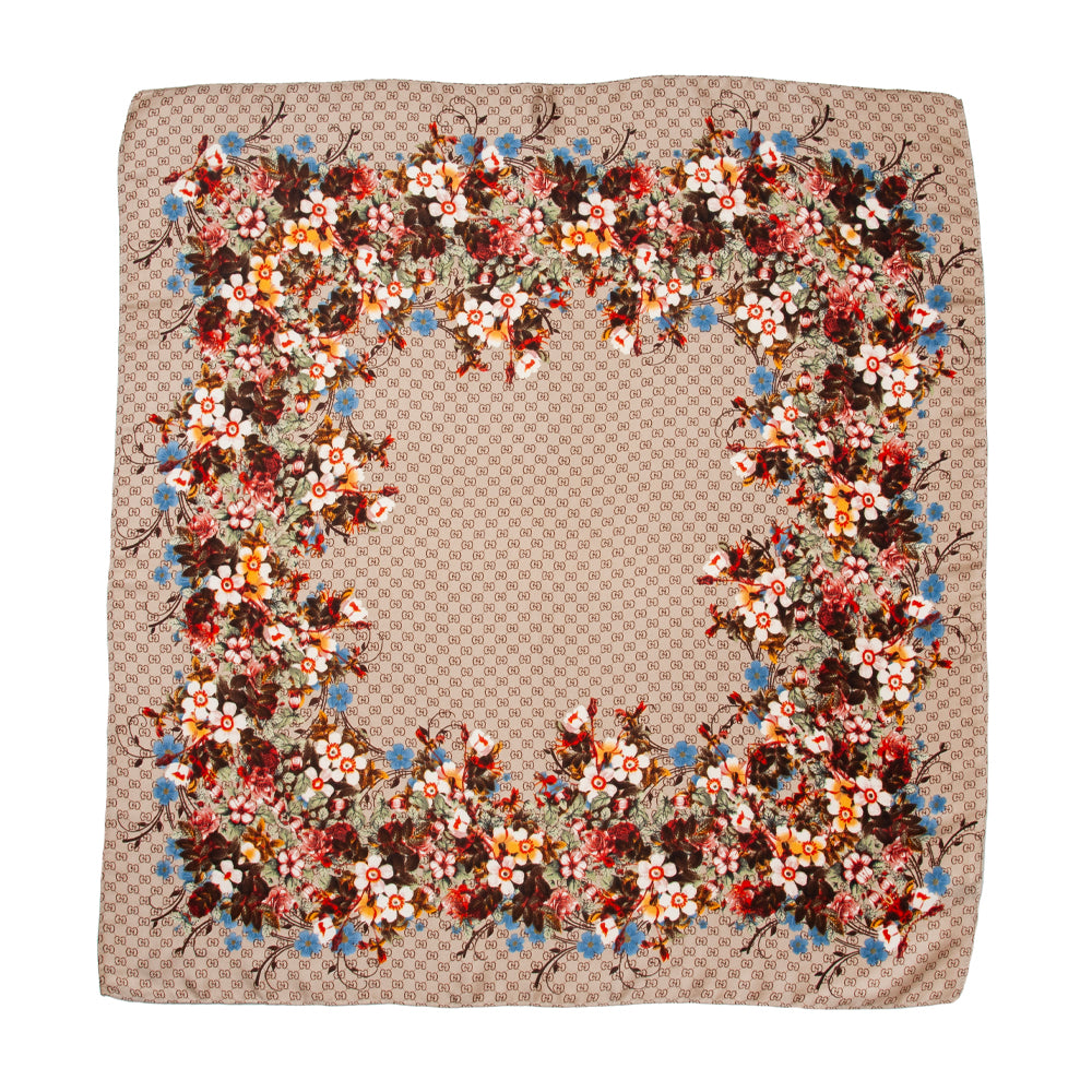 851805  Skjerf, Lite skjerf med blomsterkrans - beige