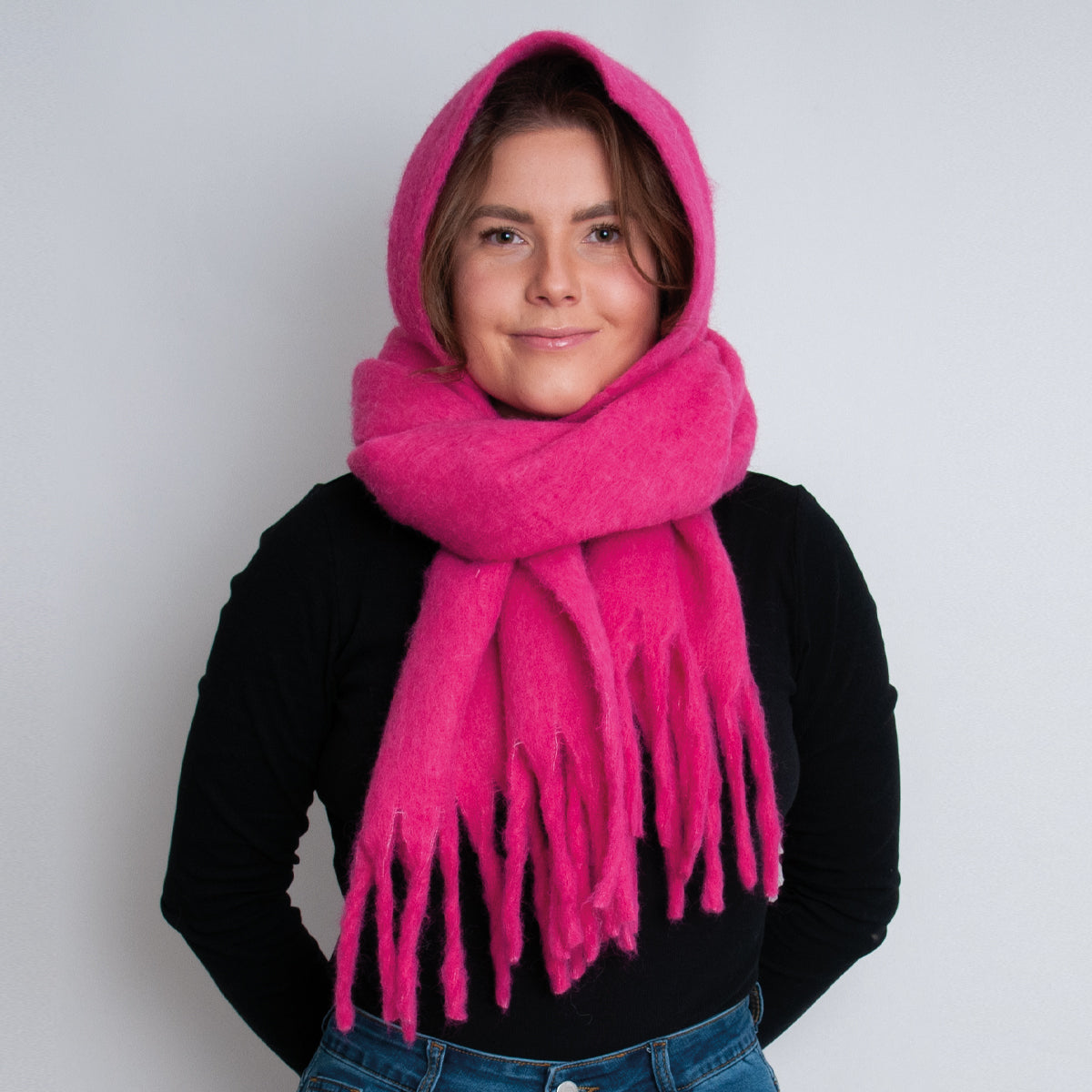855232 Fluffy skjerf med ull, ensfarget  - rosa