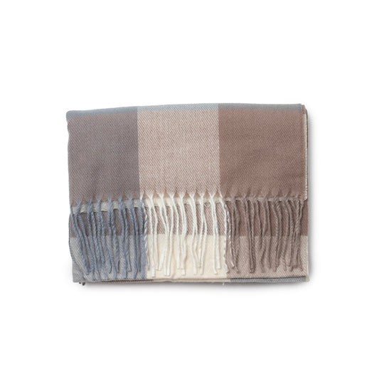 855805 Skjerf, Stort rutet skjerf med frynser- beige