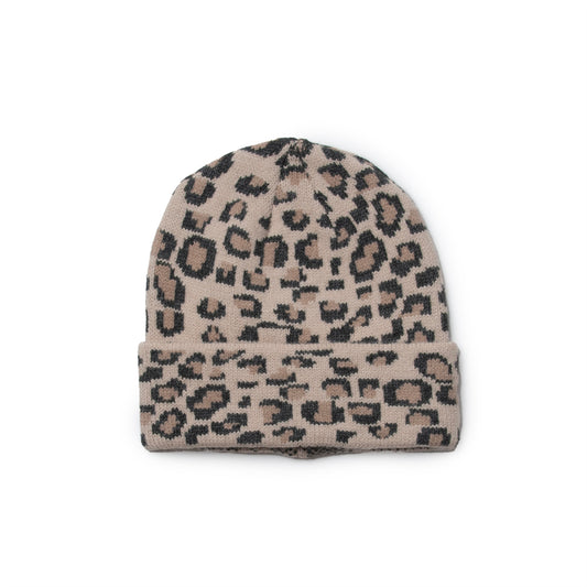 857405 Lue, Strikket topplue med leopard - beige