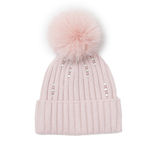 858036 Lue, Strikket lue med perlepynt og dusk - rosa