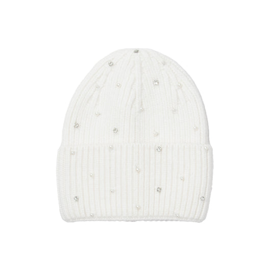 858203 Lue, Strikket lue med perlepynt - offwhite