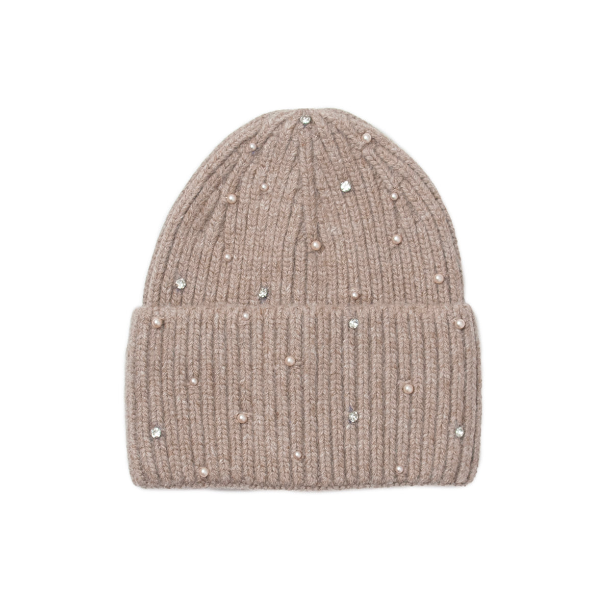 858205 Lue, Strikket lue med perlepynt - beige