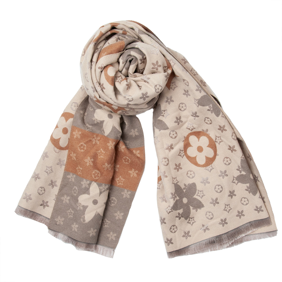 858605 Skjerf, LV-printet stort skjerf - beige