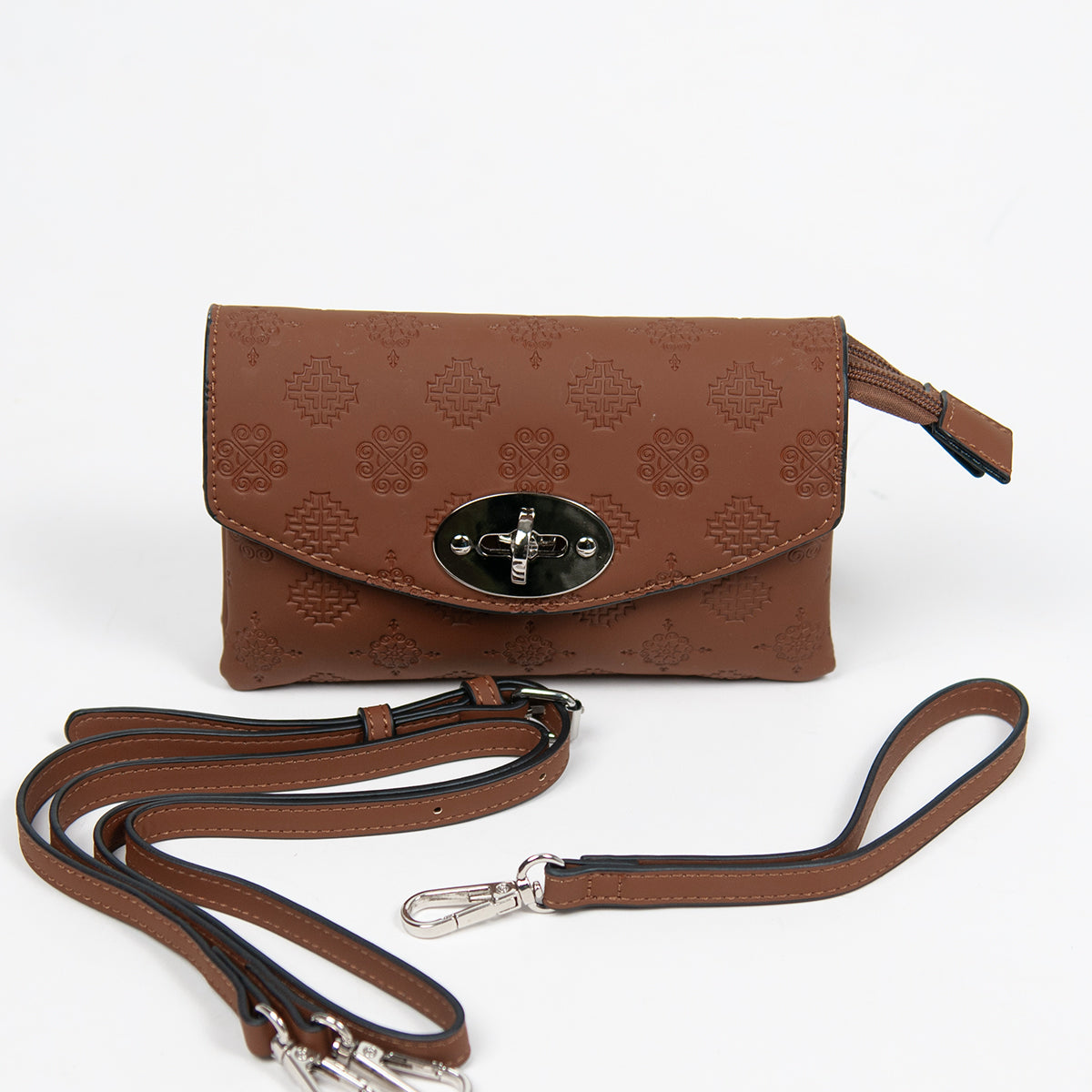 862915 Vesker, DANIELLA clutch med preget mønster - cognac