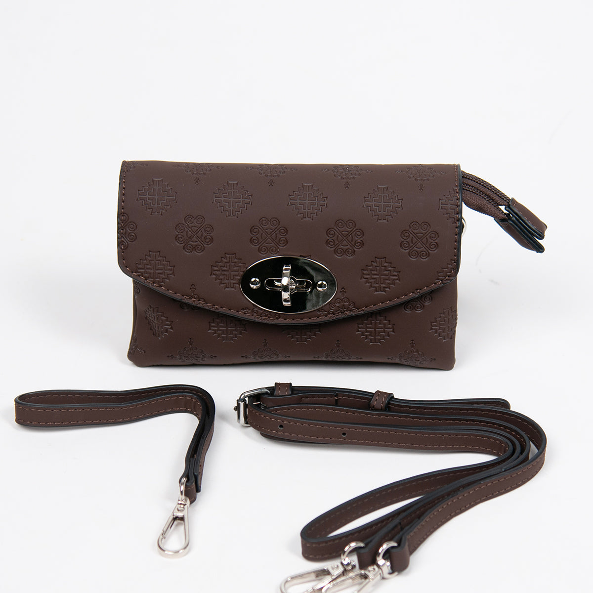 862911 Vesker, DANIELLA clutch med preget mønster - mørk brun