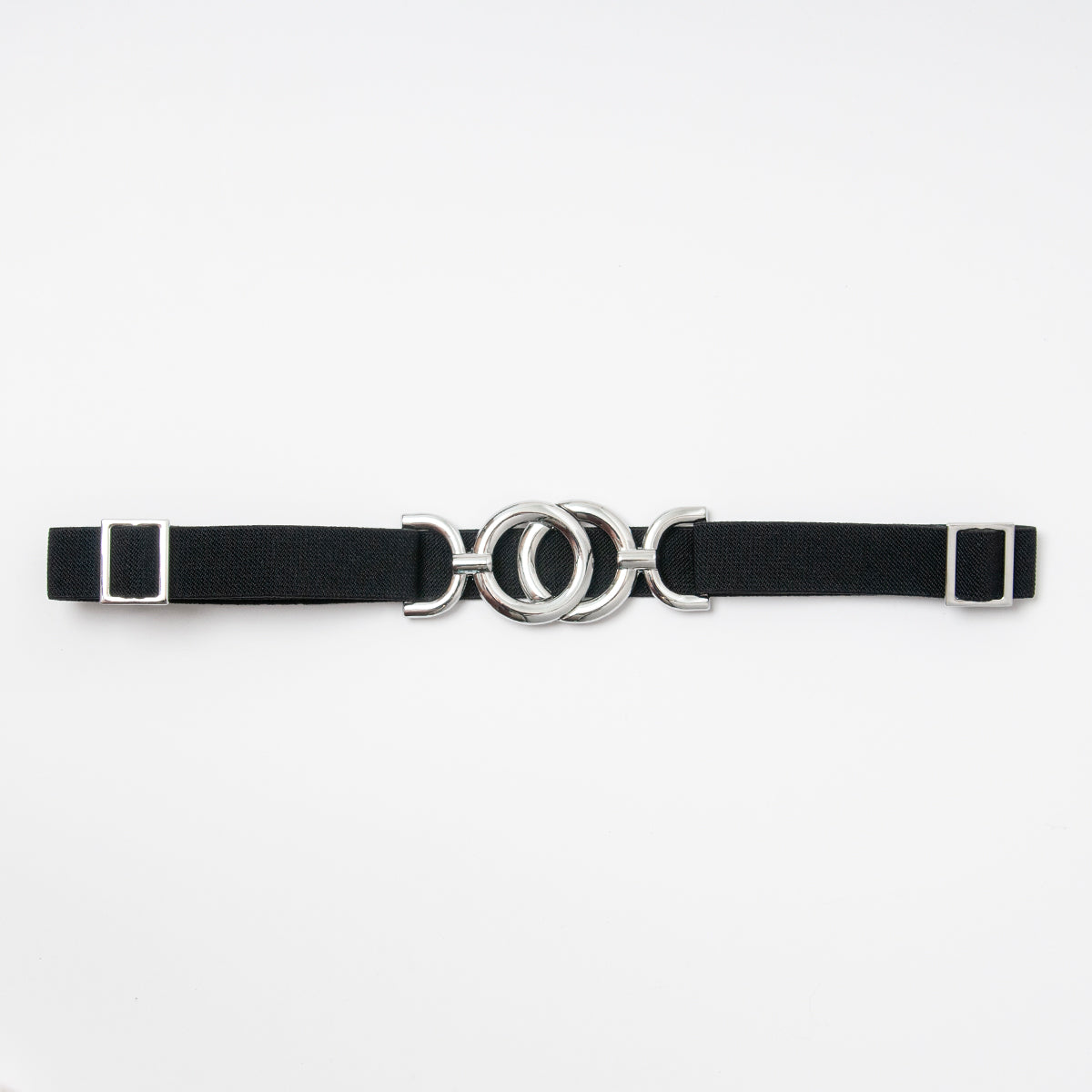 869601 Belte (6 stk) smalt elastisk belte one size 2,5 cm vidde / Sirkelspenne i sølv  - svart