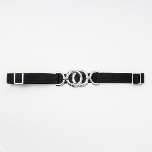 869601 Belte (6 stk) smalt elastisk belte one size 2,5 cm vidde / Sirkelspenne i sølv  - svart