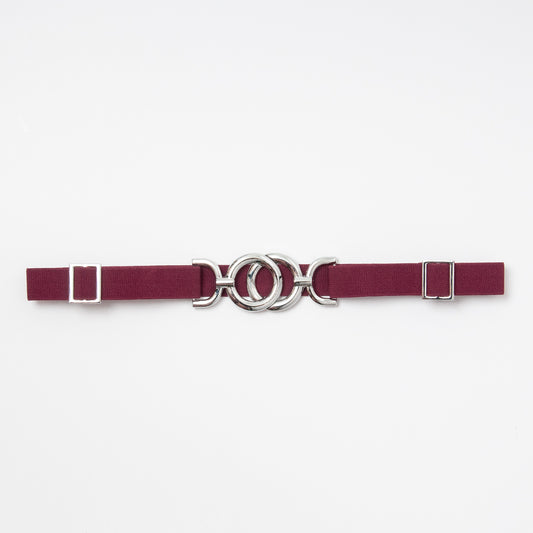 869621 Belte (6 stk) smalt elastisk belte one size 2,5 cm vidde / Sirkelspenne i sølv  - burgunder