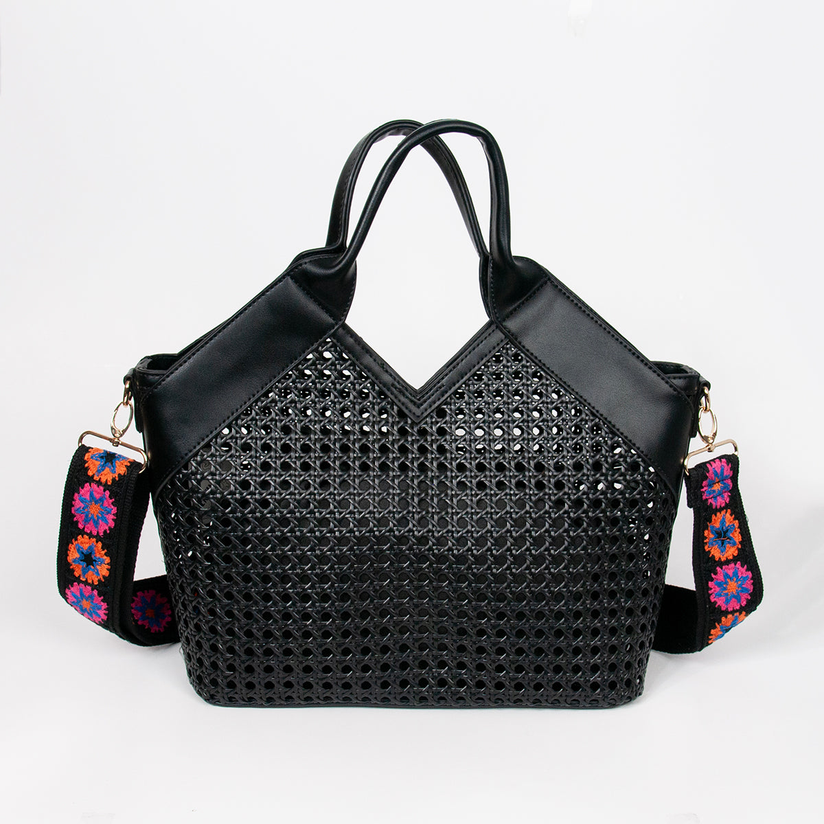 870701 Vesker, INEZ netting shopper med mønstret skulderrem - svart