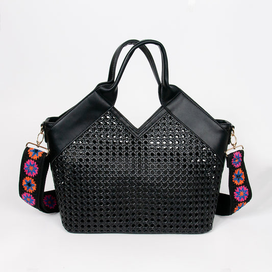 870701 Vesker, INEZ netting shopper med mønstret skulderrem - svart