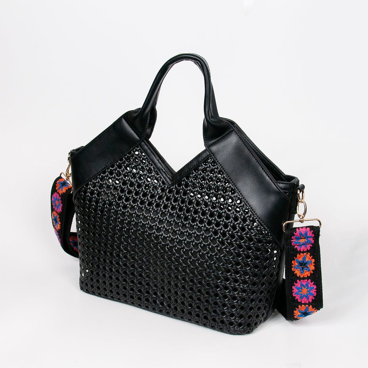 870701 Vesker, INEZ netting shopper med mønstret skulderrem - svart