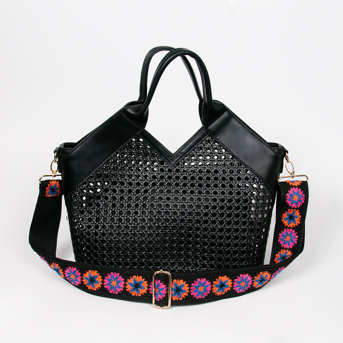 870701 Vesker, INEZ netting shopper med mønstret skulderrem - svart