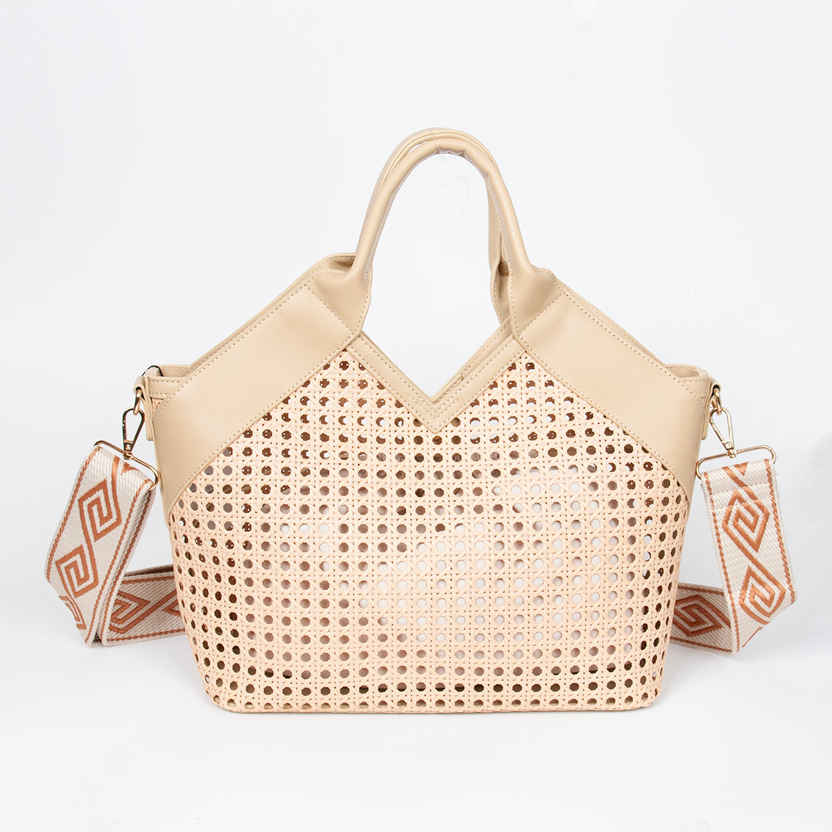 870705 Vesker, INEZ netting shopper med mønstret skulderrem - beige