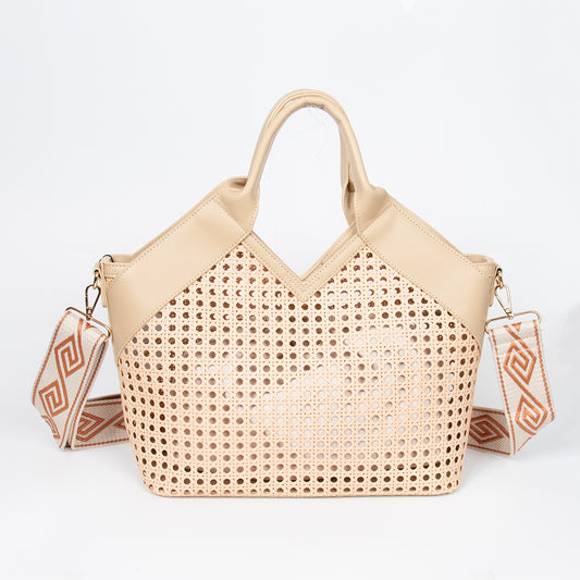 870705 Vesker, INEZ netting shopper med mønstret skulderrem - beige