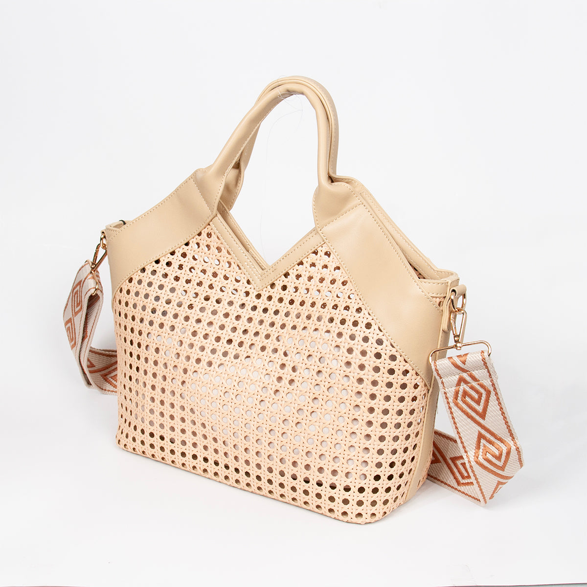 870705 Vesker, INEZ netting shopper med mønstret skulderrem - beige