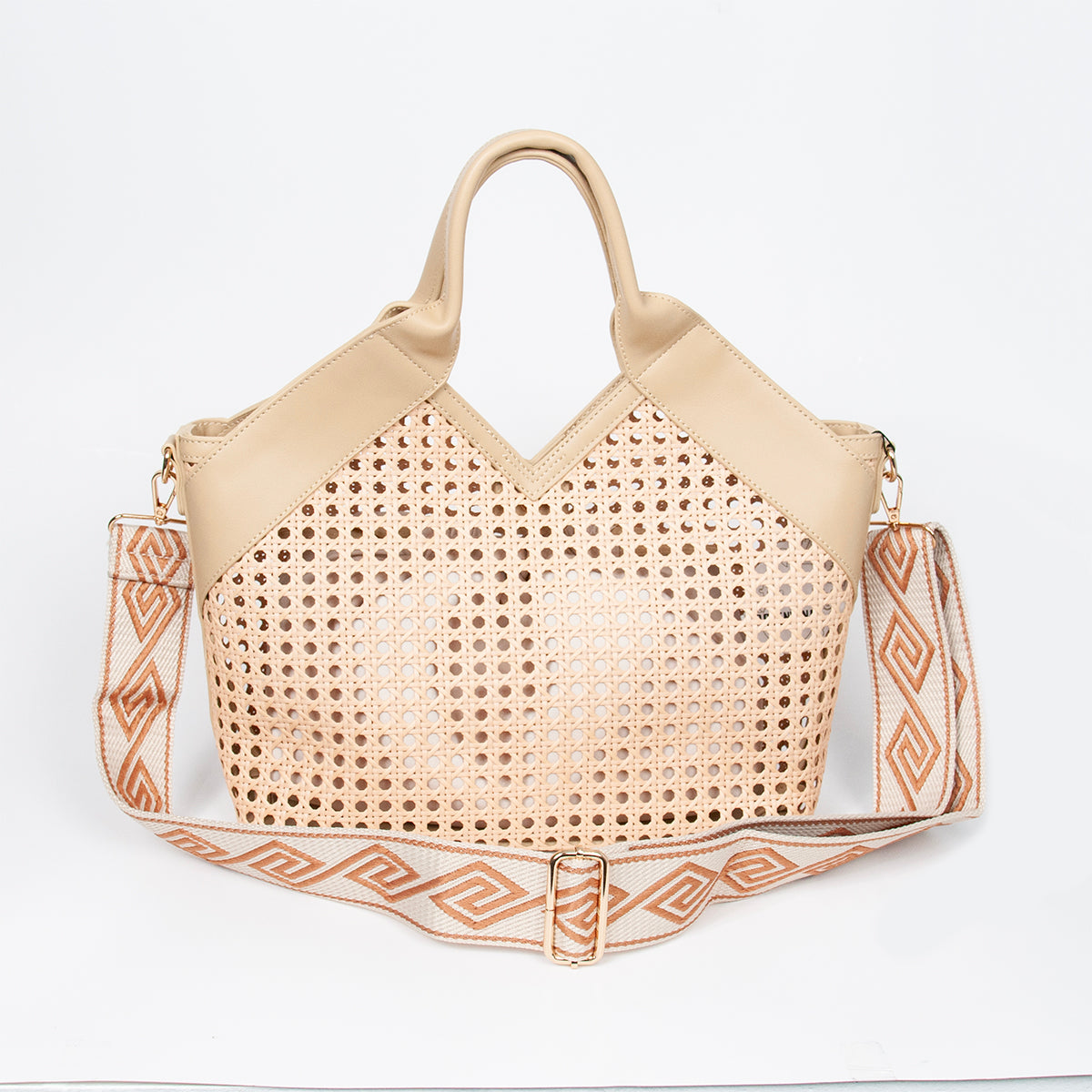 870705 Vesker, INEZ netting shopper med mønstret skulderrem - beige