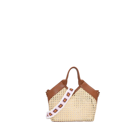 870715 Vesker, INEZ netting shopper med mønstret skulderrem - cognac