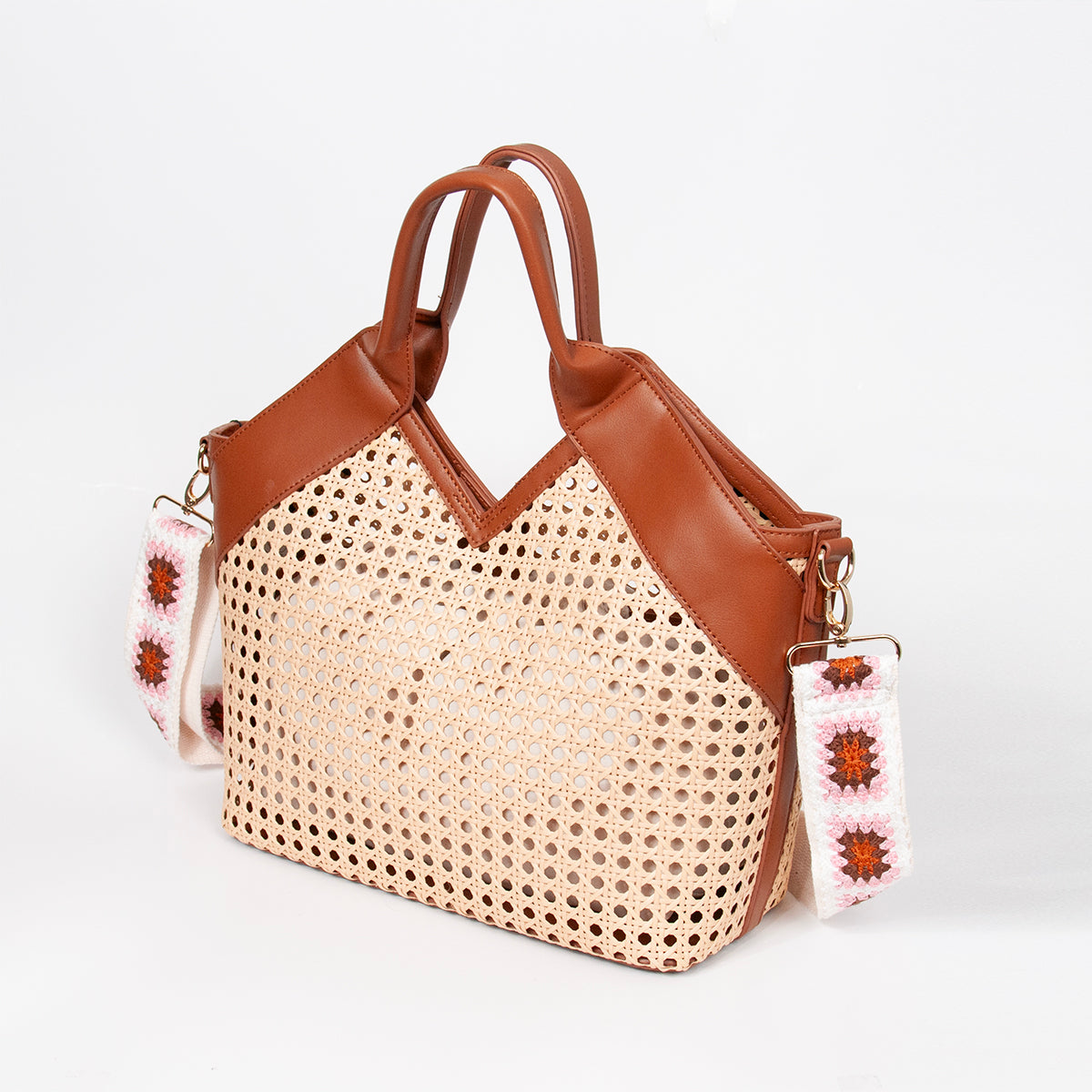 870715 Vesker, INEZ netting shopper med mønstret skulderrem - cognac