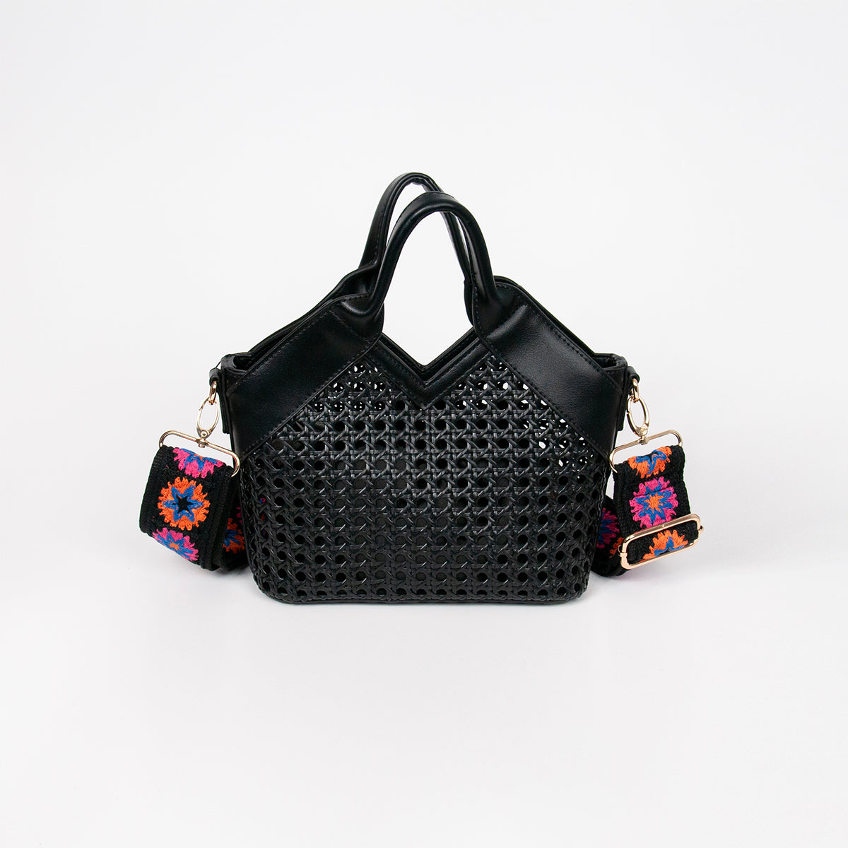 870801 Vesker, IZRA liten netting shopper med mønstret skulderrem - svart