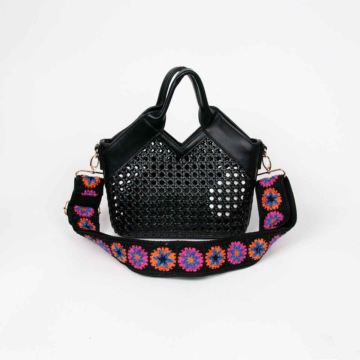 870801 Vesker, IZRA liten netting shopper med mønstret skulderrem - svart