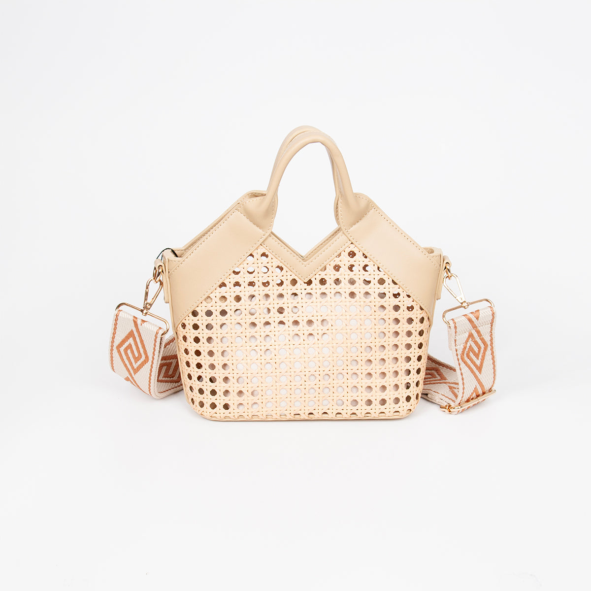 870805 Vesker, IZRA liten netting shopper med mønstret skulderrem - beige