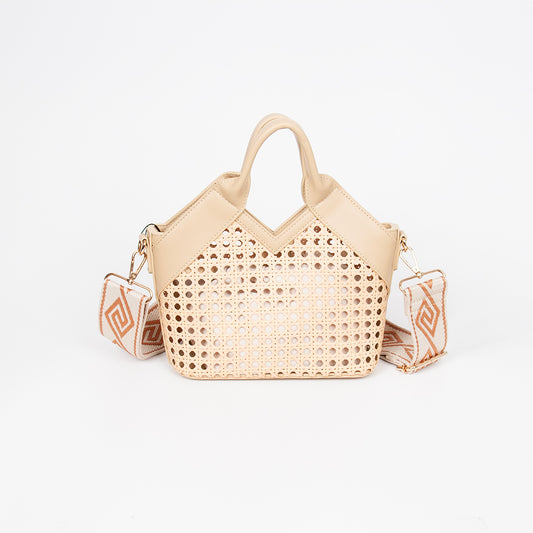 870805 Vesker, IZRA liten netting shopper med mønstret skulderrem - beige