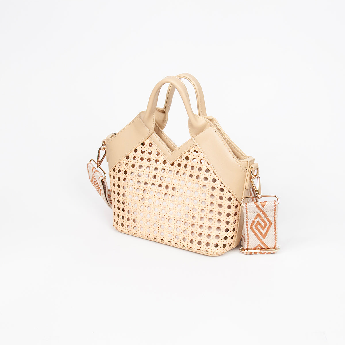 870805 Vesker, IZRA liten netting shopper med mønstret skulderrem - beige
