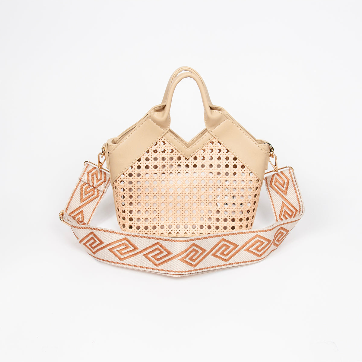 870805 Vesker, IZRA liten netting shopper med mønstret skulderrem - beige