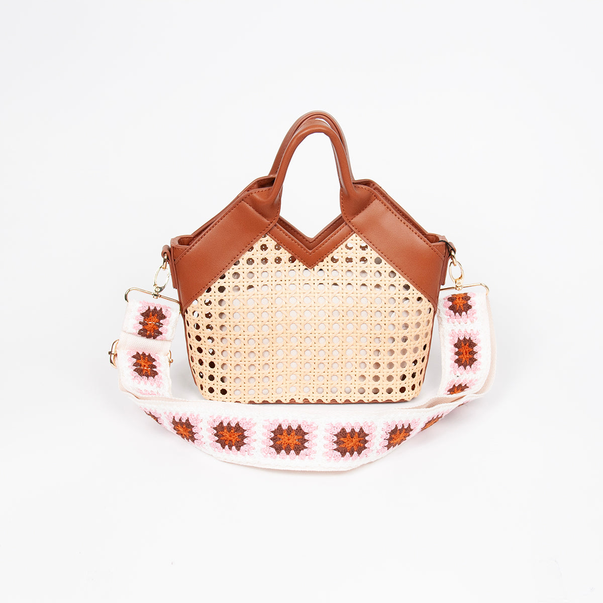 870815 Vesker, IZRA liten netting shopper med mønstret skulderrem - cognac