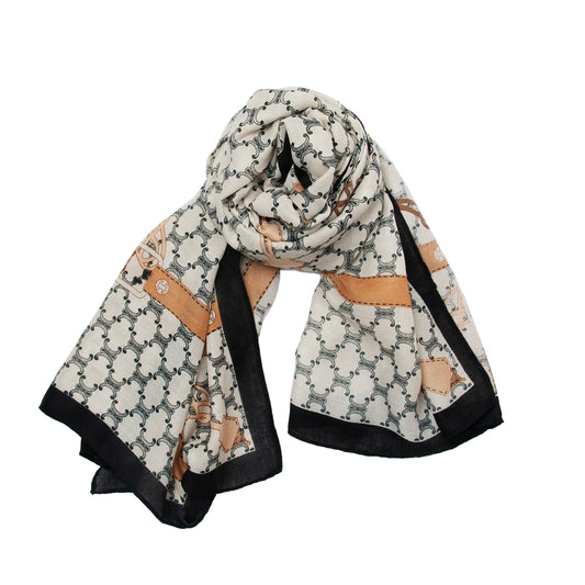 881001  Skjerf, Mykt skjerf bred kant svart/offwhite mønster