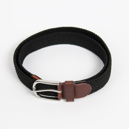 882001  Belte ( 6 stk)  Elastisk strikkbelte med "leatherlook" sølvspenne- svart