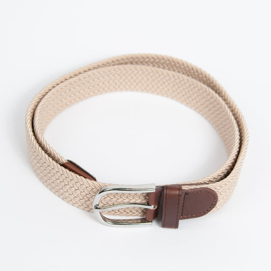 882005  Belte ( 6 stk)  Elastisk strikkbelte med "leatherlook" sølvspenne- beige