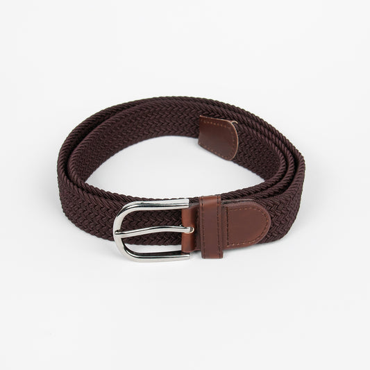 882011  Belte ( 6 stk)  Elastisk strikkbelte med "leatherlook" sølvspenne- brun