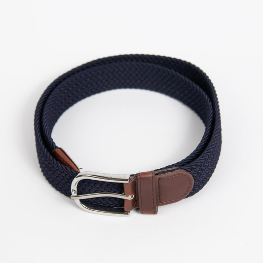 882041  Belte ( 6 stk)  Elastisk strikkbelte med "leatherlook" sølvspenne- marine