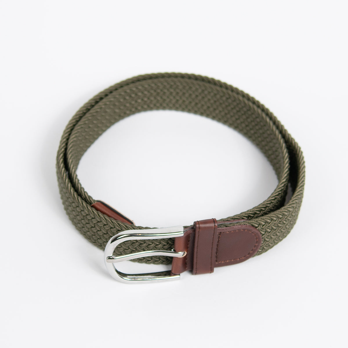 882050  Belte ( 6 stk)  Elastisk strikkbelte med "leatherlook" sølvspenne- olivengrønn