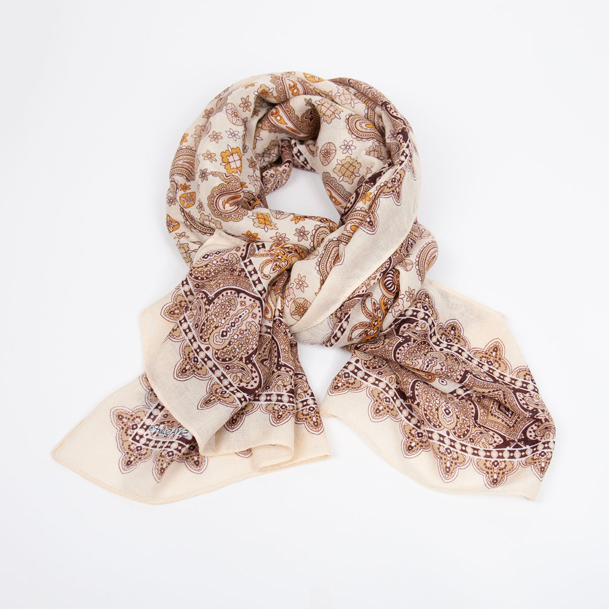 888705  Skjerf, Mykt viskose skjerf paisley print med kant - beige