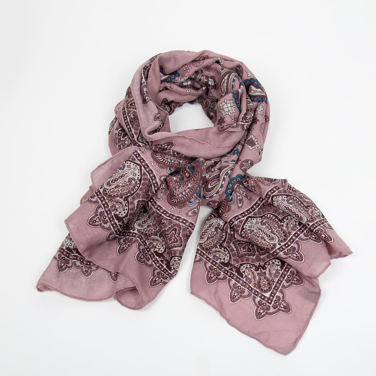 888736  Skjerf, Mykt viskose skjerf paisley print med kant - rosa