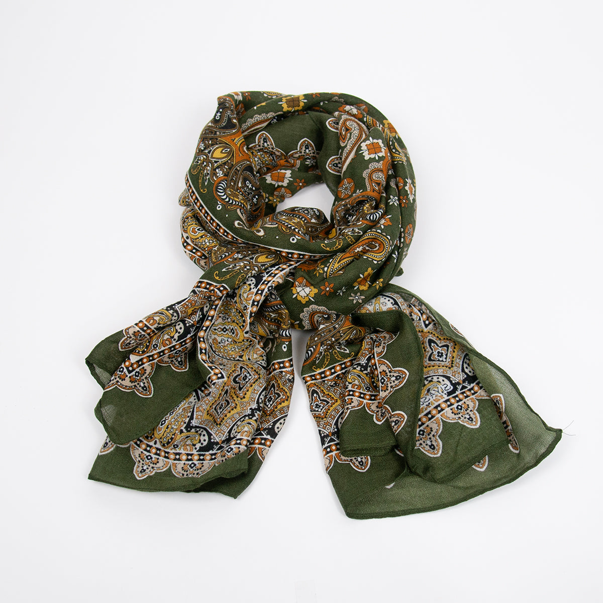 888750  Skjerf, Mykt viskose skjerf paisley print med kant - grønn