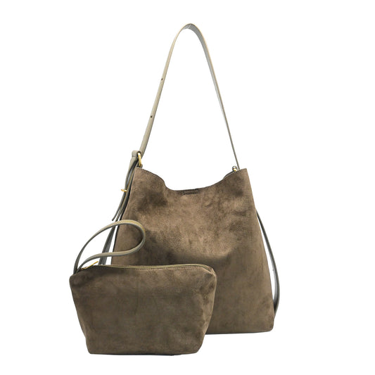 899150 Vesker, KAROLINE bucketbag i semsket look - olivengrønn