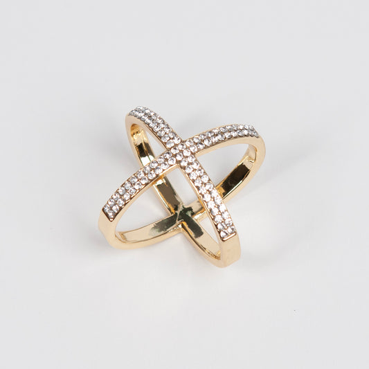 909462X Skjerf ring, STOR STR Skjerf ring kryss med dobbel linje med strass - gull