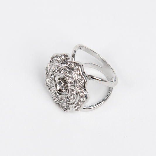 909786X Skjerf ring, STOR STR Skjerf ring blomst med strass stener - sølv
