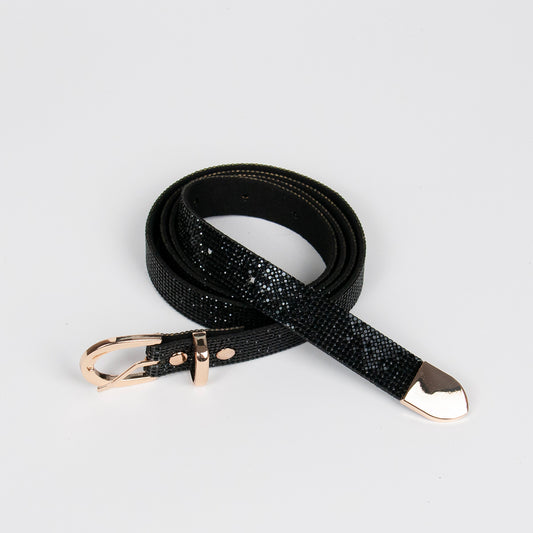 915701 Belte (6 stk) Smalt strassbelte  m/gullspenne - svart